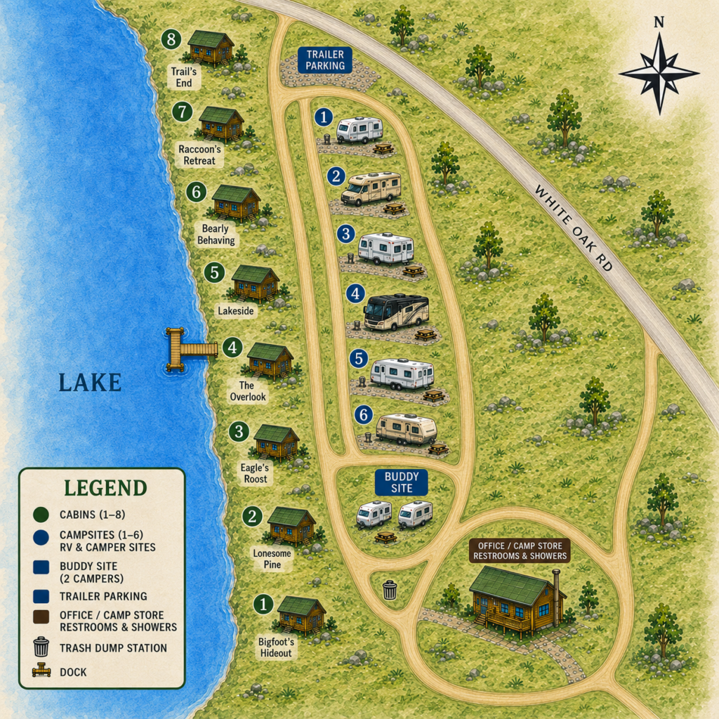 Property map of The Heart of Tackett showing the 8 lakefront cabins, 6 RV and camper campsites, the Buddy Site, trailer parking, dock, trash dump station, and the office / camp store with restrooms and showers.